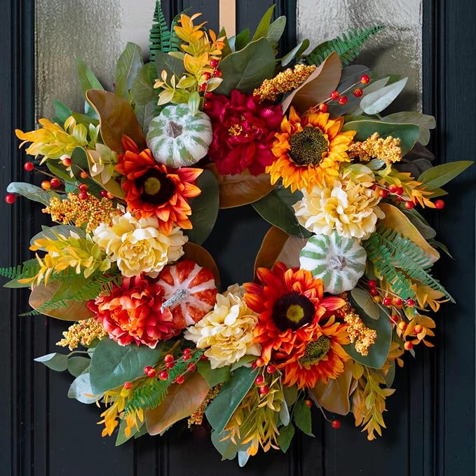 24 Inch Harvest Fall Wreaths for Front Door Outside with Sunflowers,Pumpkin