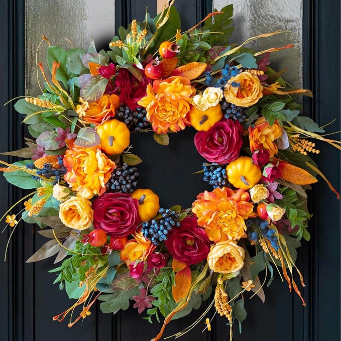 24 Inch Artificial Harvest Fall Wreath for Front Door,Porch & Entryway,Wall