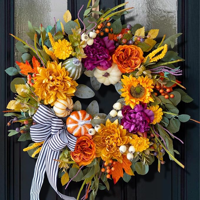 24 Inch Artificial Fall Wreaths for Front Door Outside with Striped Bow