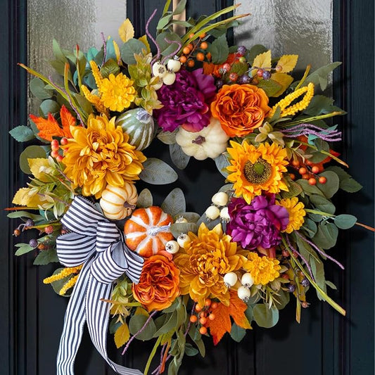 24 Inch Artificial Fall Wreaths for Front Door Outside with Striped Bow