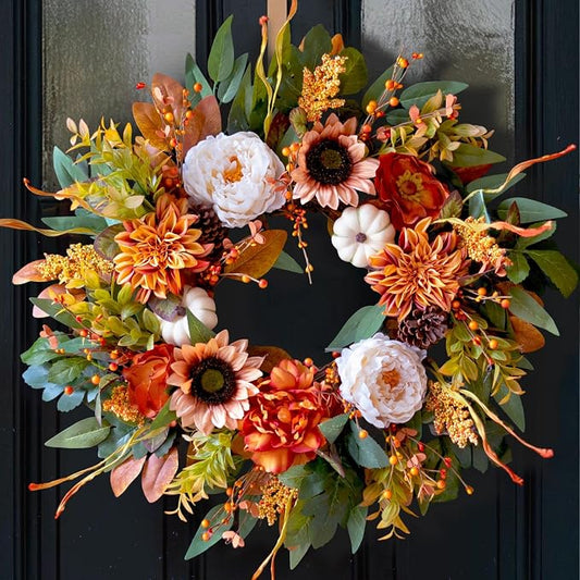 24 Inch Harvest Fall Wreaths for Front Door Outside with Sunflowers,Peony