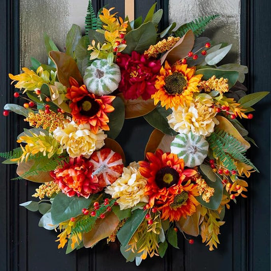 24 Inch Harvest Fall Wreaths for Front Door Outside with Sunflowers,Pumpkin